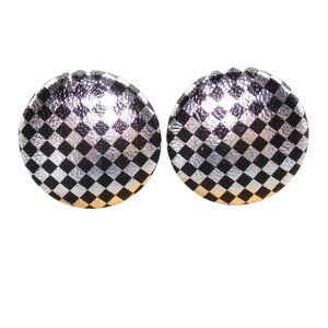 Vintage Sleek Checkerboard Fabric Earrings, Silver Metallic Shimmer and Black